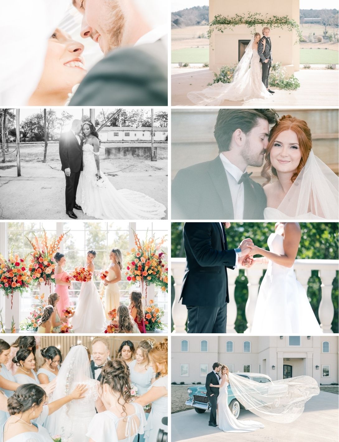 A romantic wedding photo collage featuring couples sharing intimate moments, bridal party, and ceremonies in elegant outdoor settings.