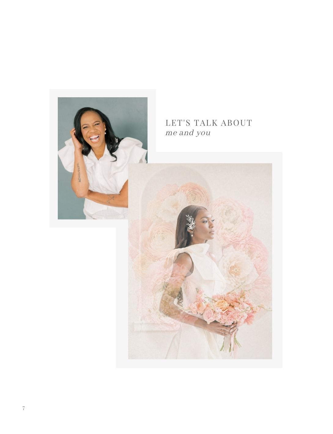 A smiling Black woman in white dress poses beside a dreamy floral arch bridal portrait with soft pink blooms.