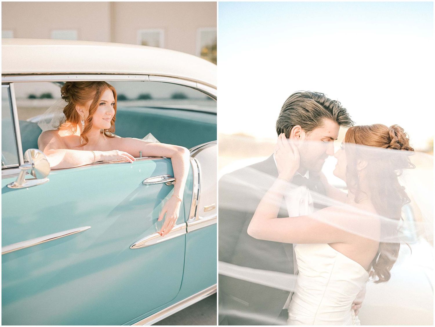 Romantic wedding portraits with a vintage turquoise car creating a retro-inspired atmosphere.