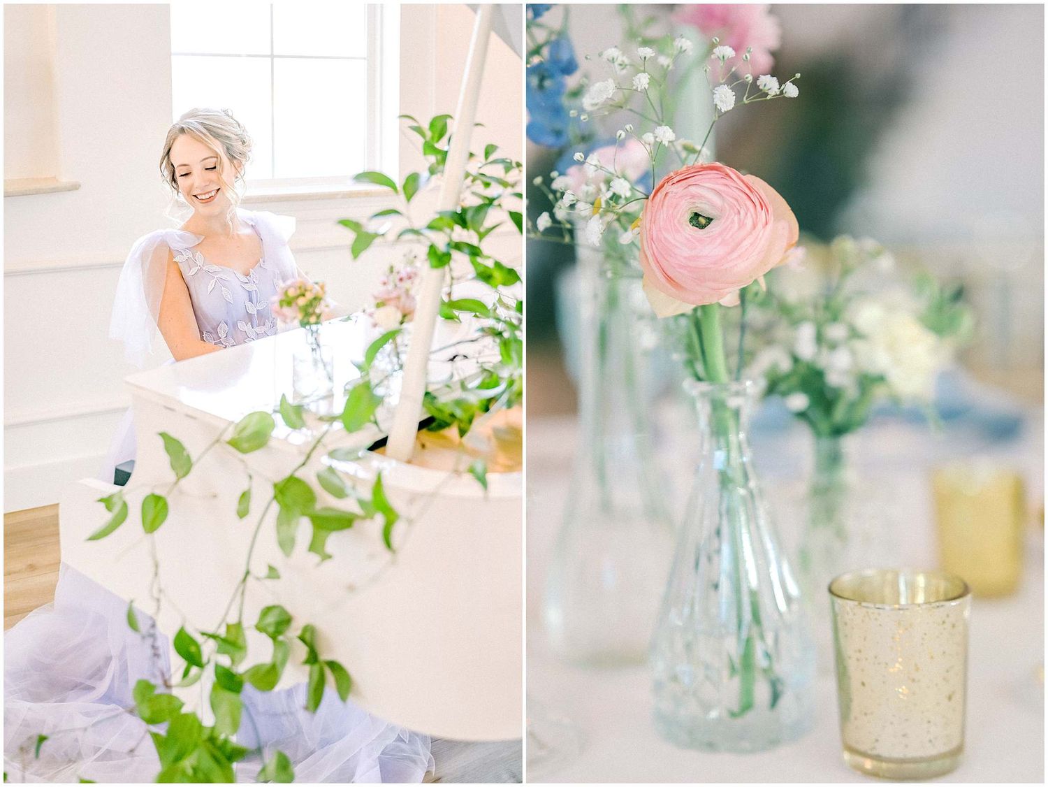 Romantic floral arrangements with pink ranunculus in blue glass vases against a light background.