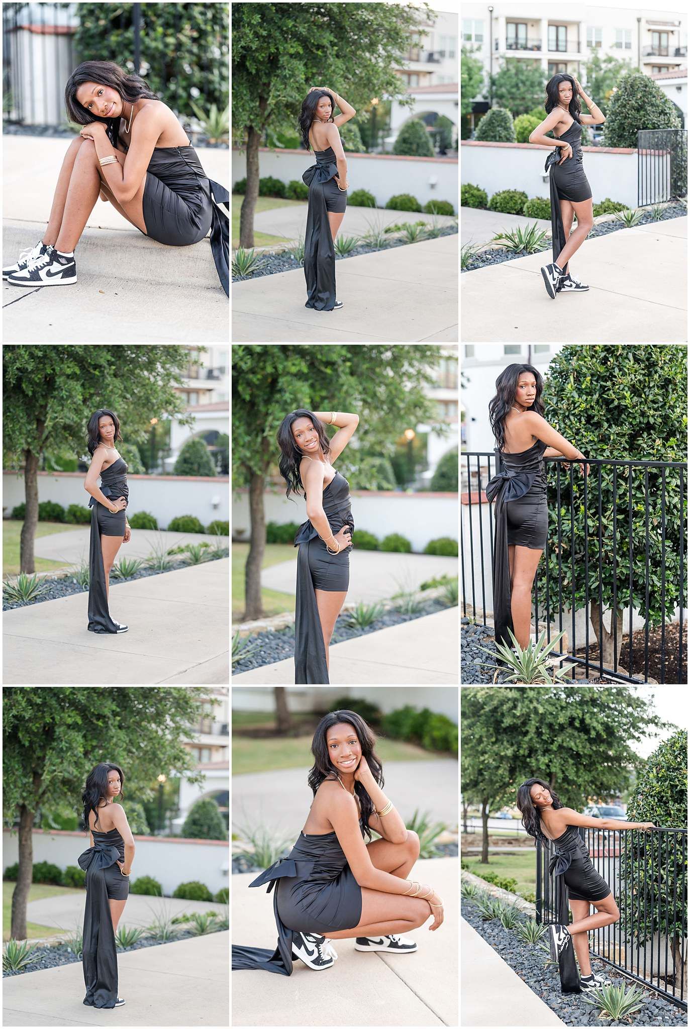 Young Black woman in black outfit and sneakers poses in multiple stylish outdoor senior portrait shots.