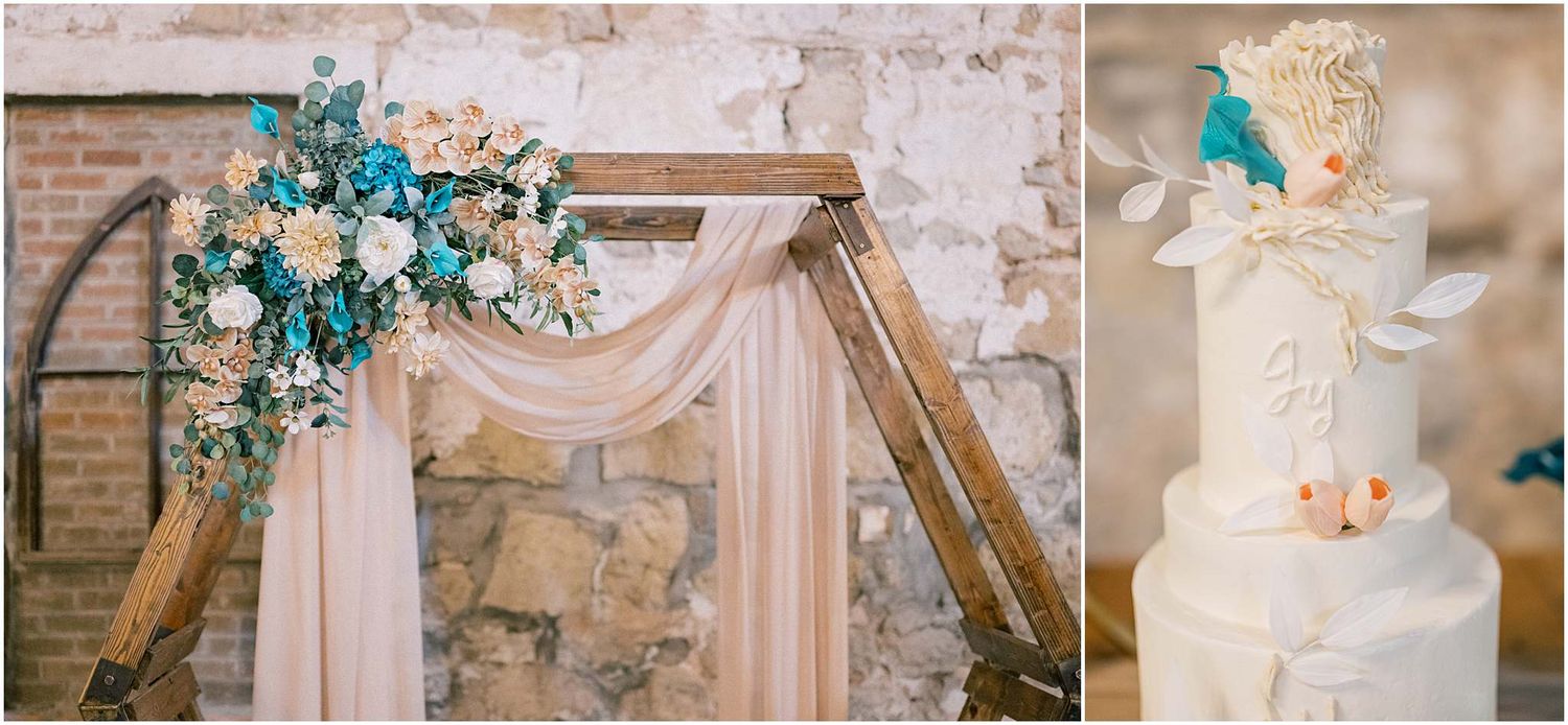 Wedding arch decorated with turquoise and white flowers alongside elegant white tiered cake.