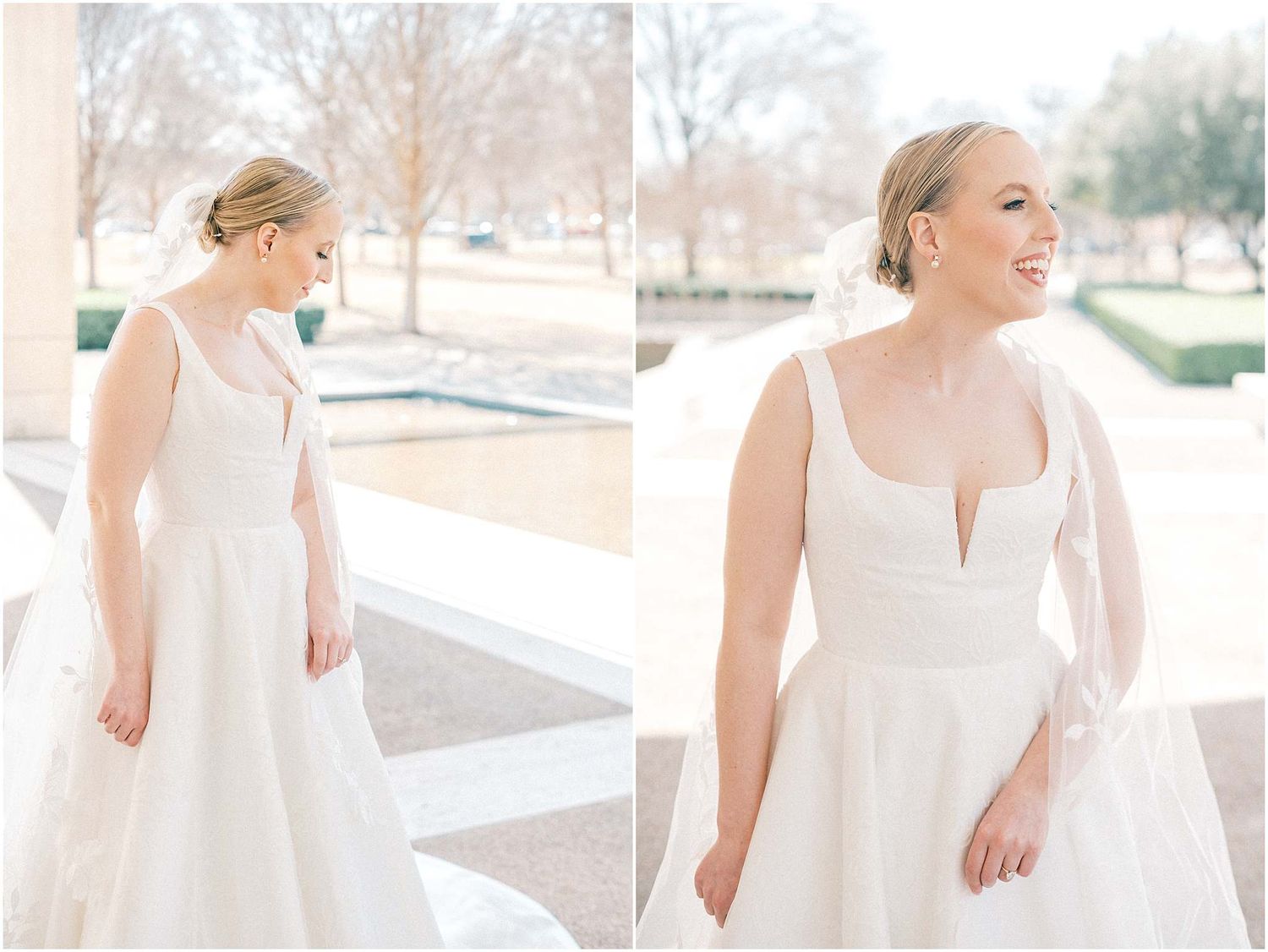 Wedding dress details photographed in elegant outdoor setting with natural light.
