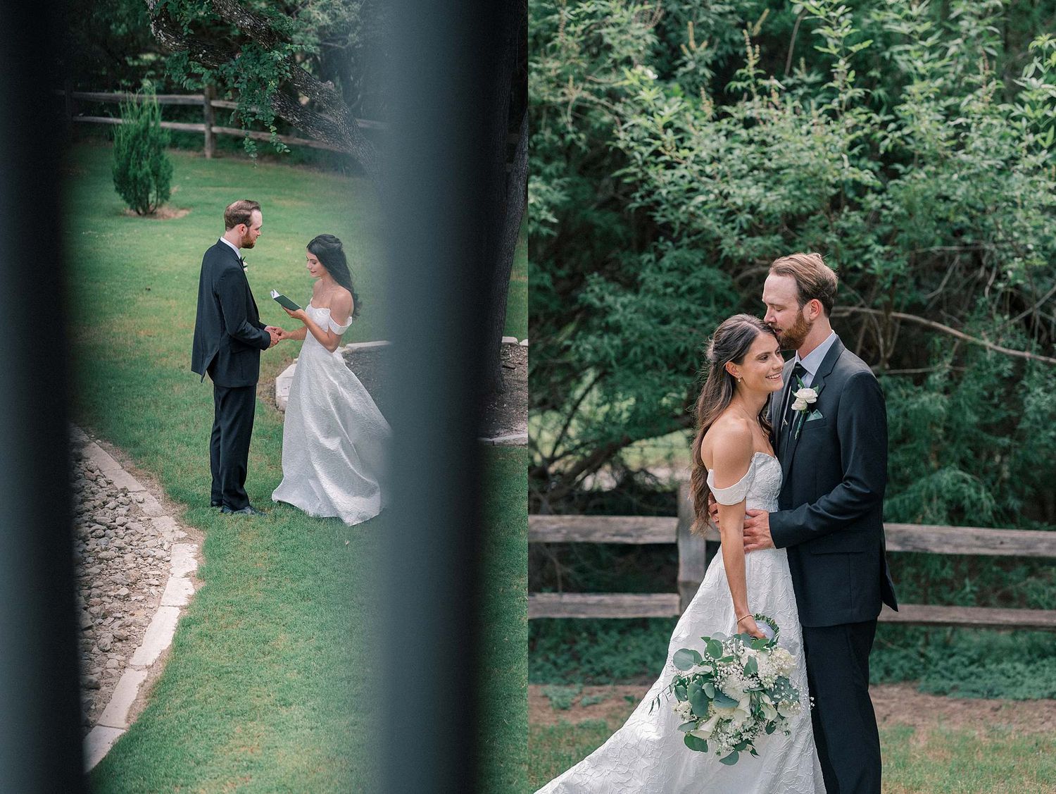 Wedding couple poses romantically on winding garden path surrounded by trees and wooden fence.