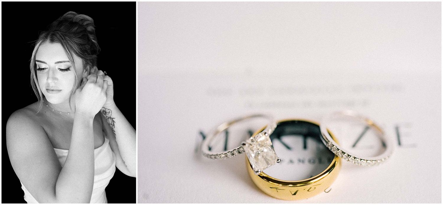 Wedding details including rings and jewelry arranged on light background.