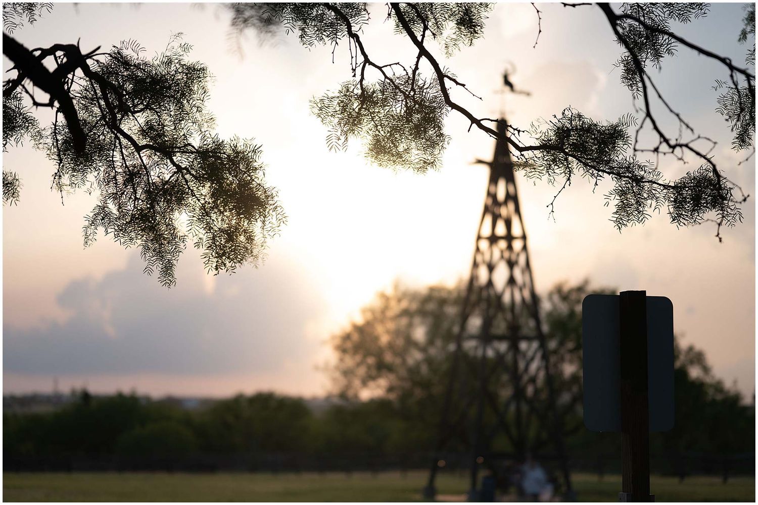 Silhouettes of trees against a sunset sky create a romantic backdrop at an outdoor venue.