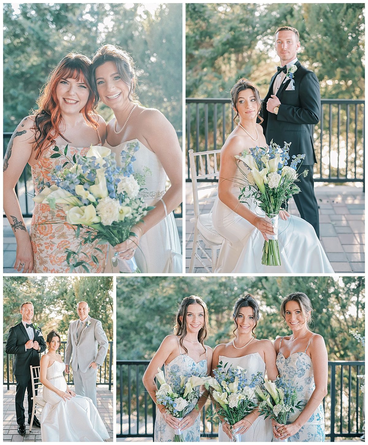 Bridal party in pastel dresses poses with bouquets on stone patio during outdoor wedding.