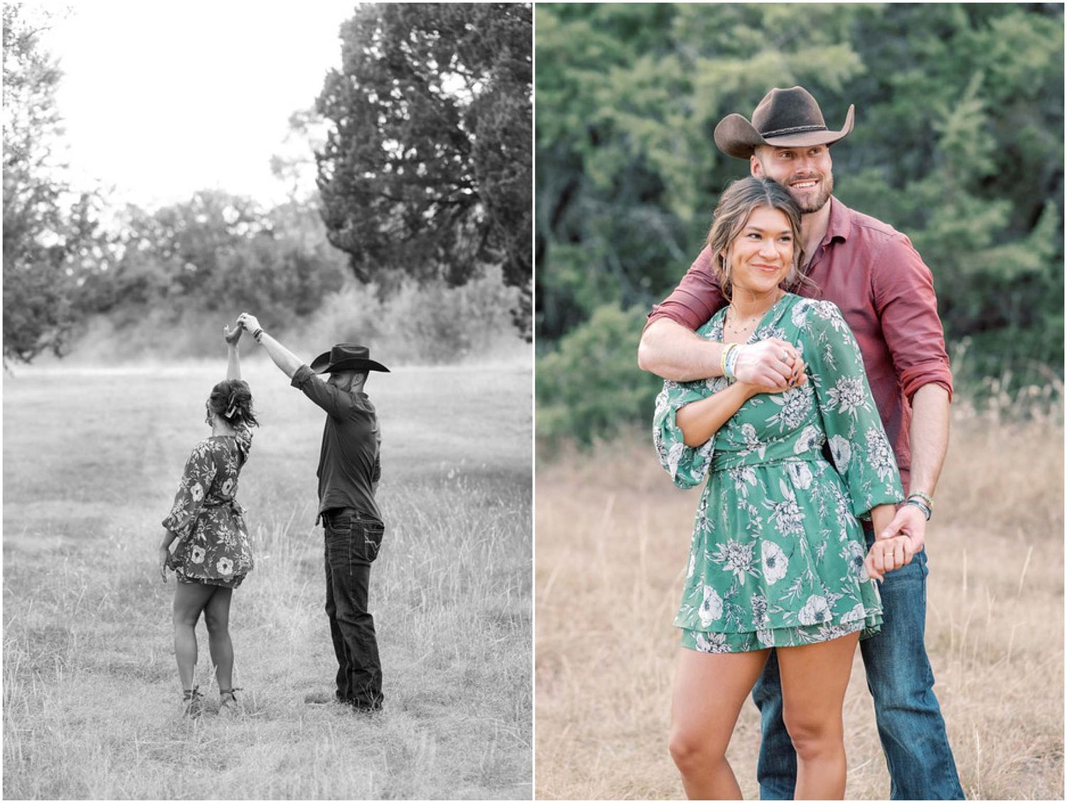 Series of dance poses captured in both color and black and white in an outdoor setting.