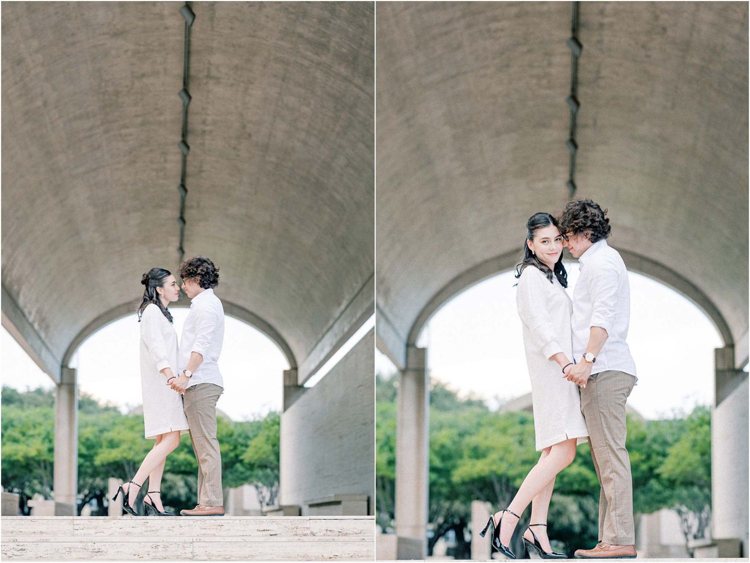 Romantic engagement photo sequence showing a couple in white outfits under a concrete bridge structure.