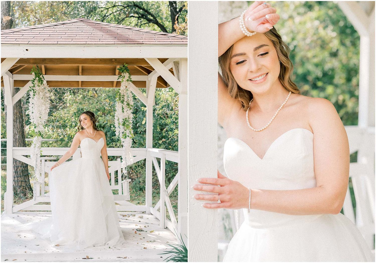 Candid bridal portraits showing joyful moments in a white gazebo setting.