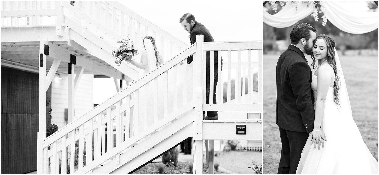 Wedding party poses for romantic outdoor photos in black and white collage.