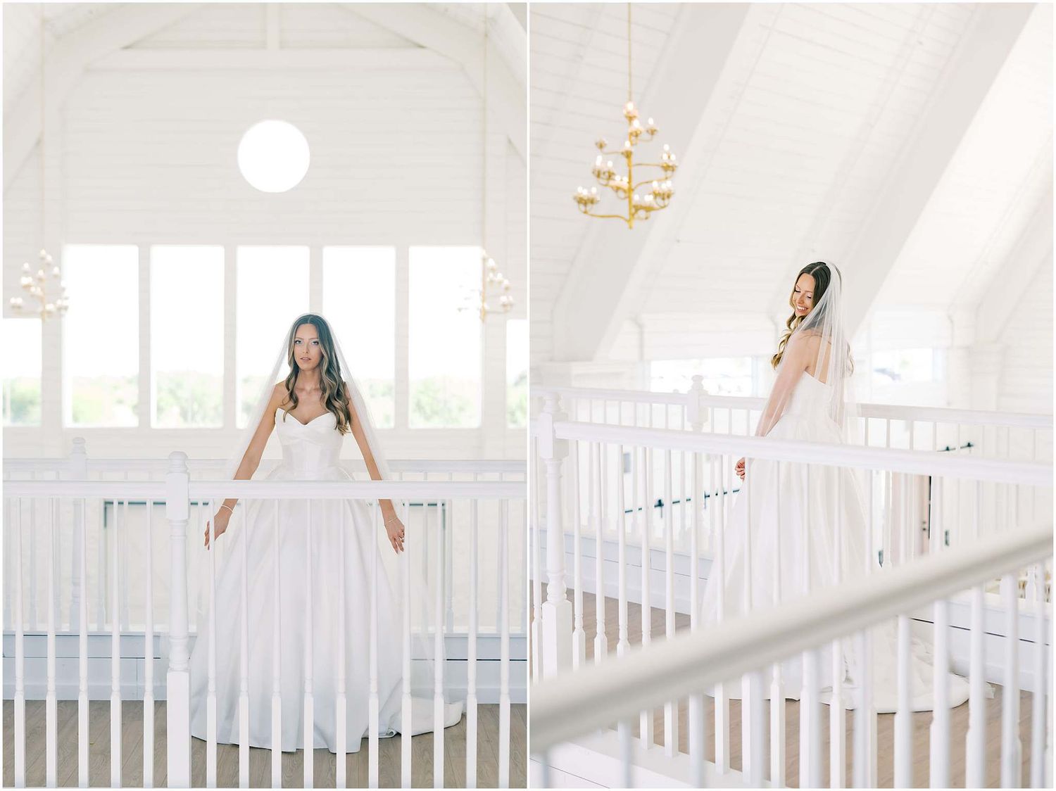 Bride in white gown and veil poses gracefully on a bright white staircase balcony in an elegant venue.