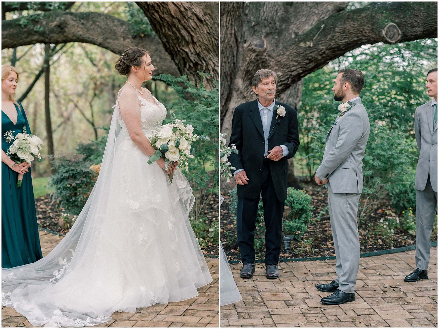Wedding ceremony participants stand together on a stone patio surrounded by lush greenery during an outdoor celebration.