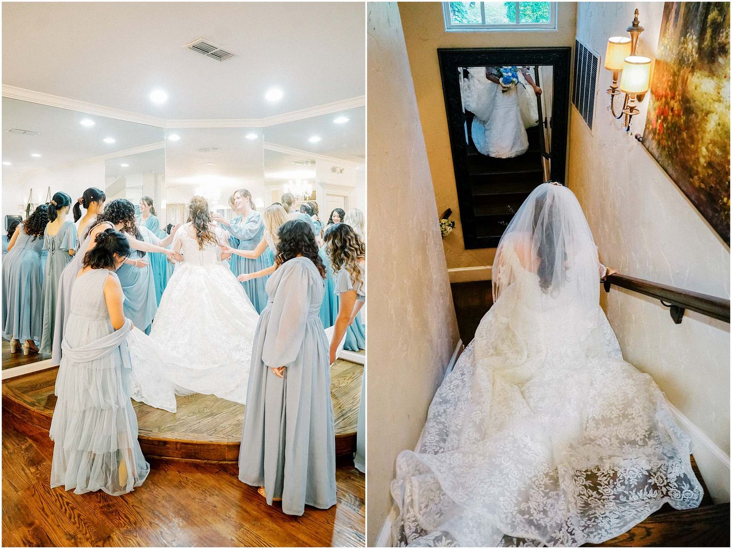 Bridesmaids in blue dresses help bride into white gown before wedding ceremony.