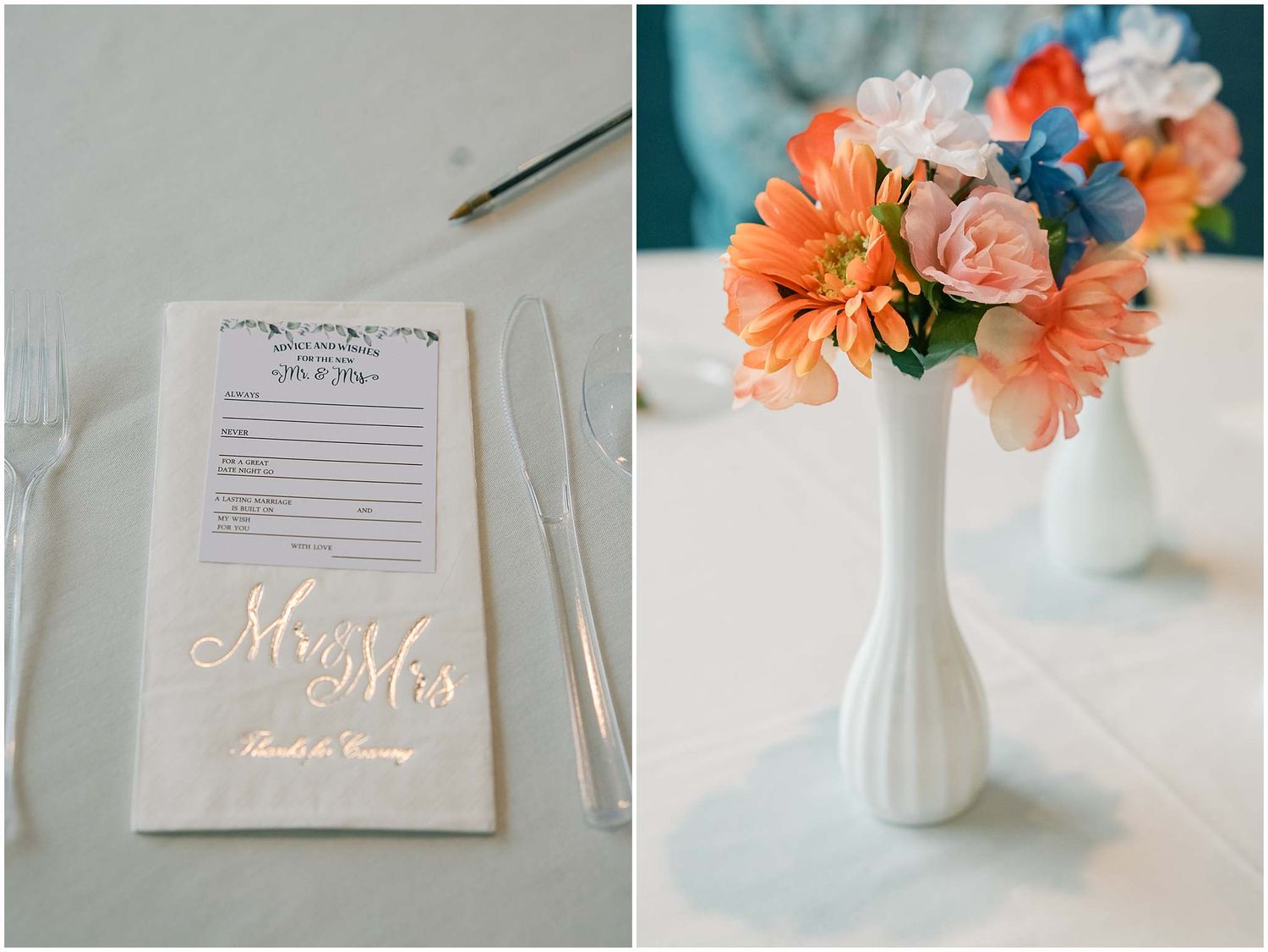 Wedding details featuring a menu card and coral flowers in a white vase on a light table setting.