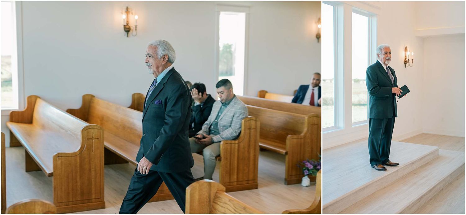 Guests seated in wooden church pews during a wedding service.