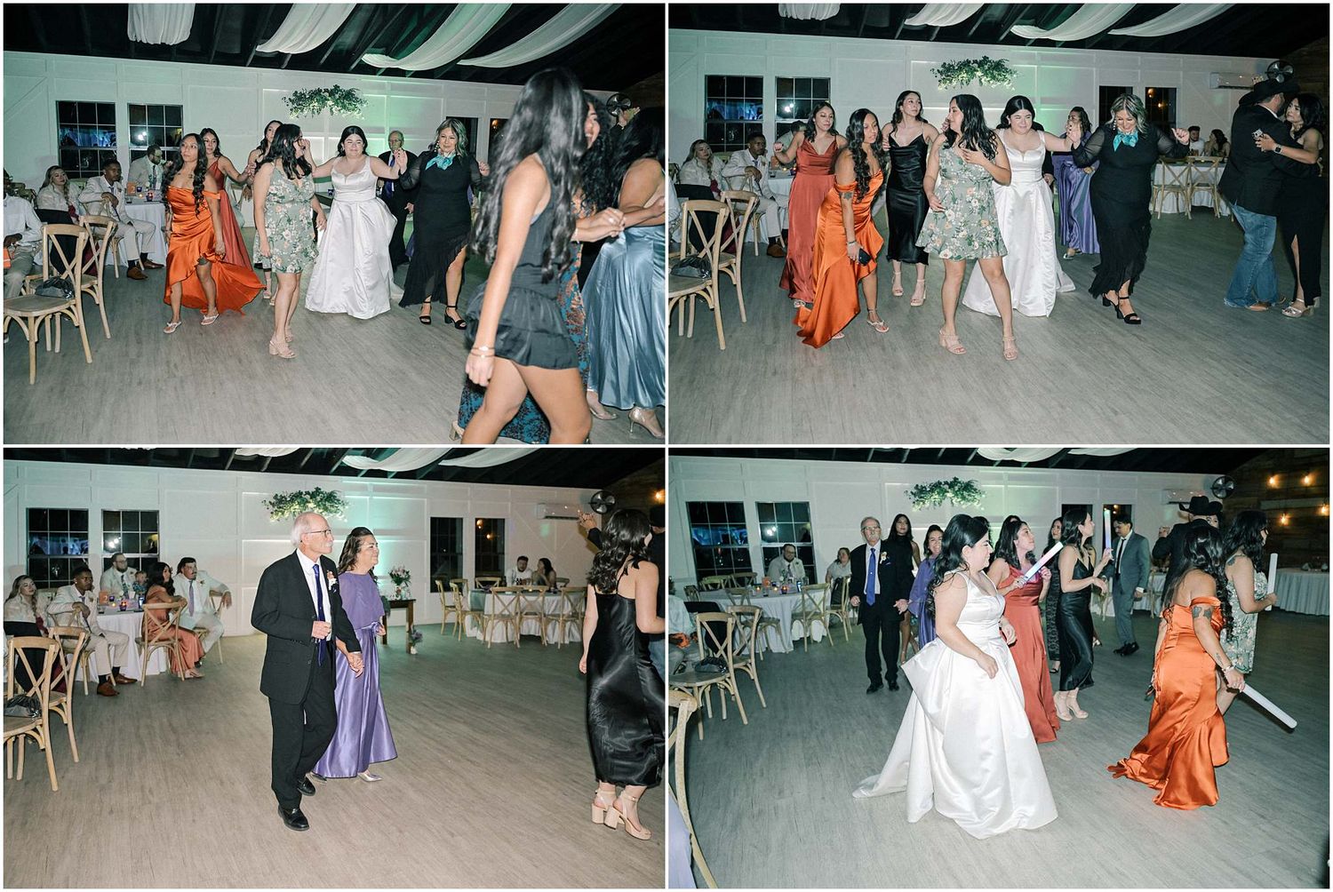 Wedding guests dancing and celebrating on the reception dance floor at night.