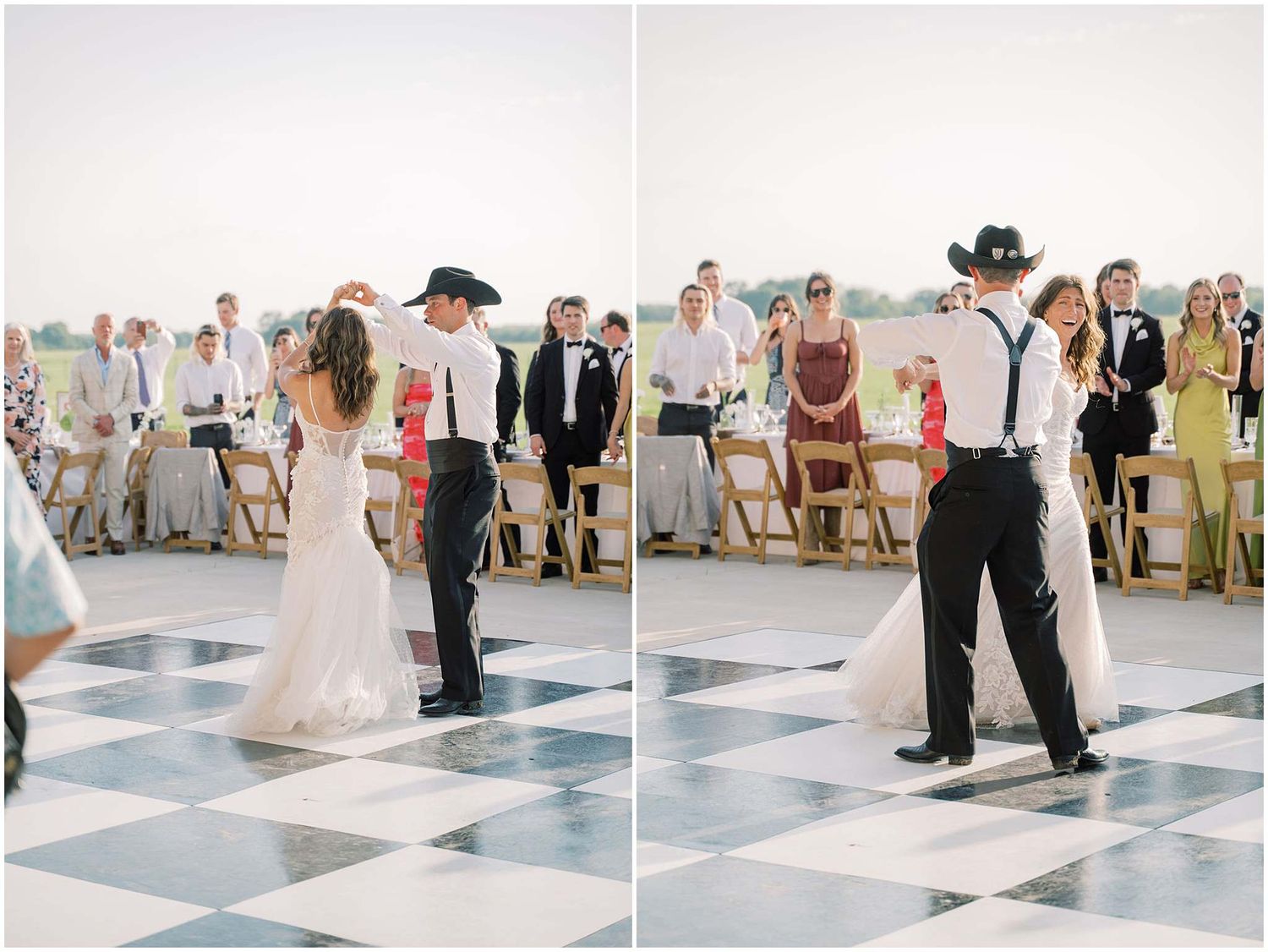 Side-by-side photos of couple dancing at outdoor wedding reception.