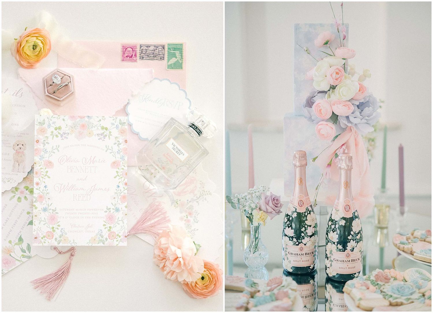 Delicate wedding styling with pastel paper decorations and soft floral arrangements.