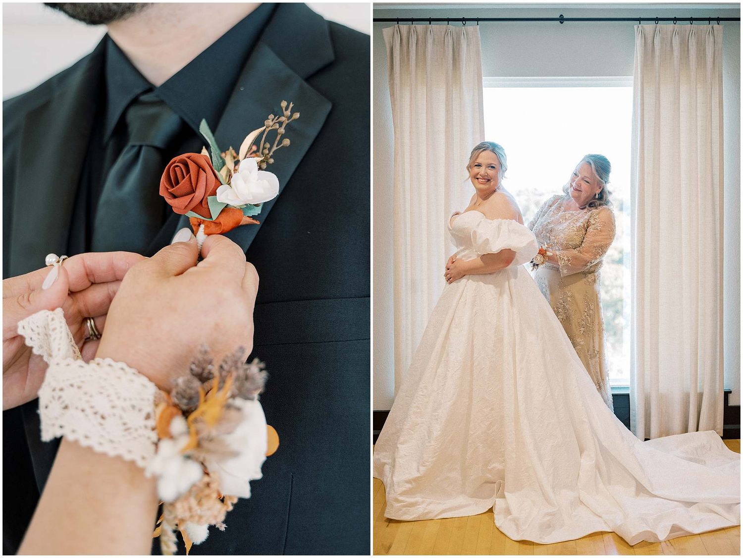 A close-up of a coral boutonniere on a black suit next to a bridal gown fitting photo.