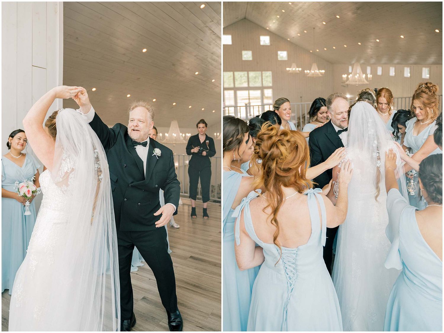 Wedding party in light blue bridesmaid dresses celebrates with joyful dancing at an elegant indoor reception venue.