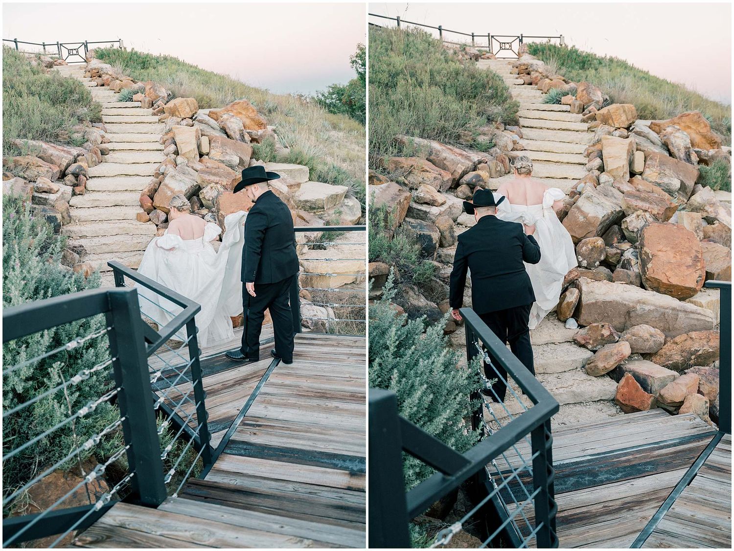 A couple descending rustic wooden stairs surrounded by desert rocks and natural landscape.