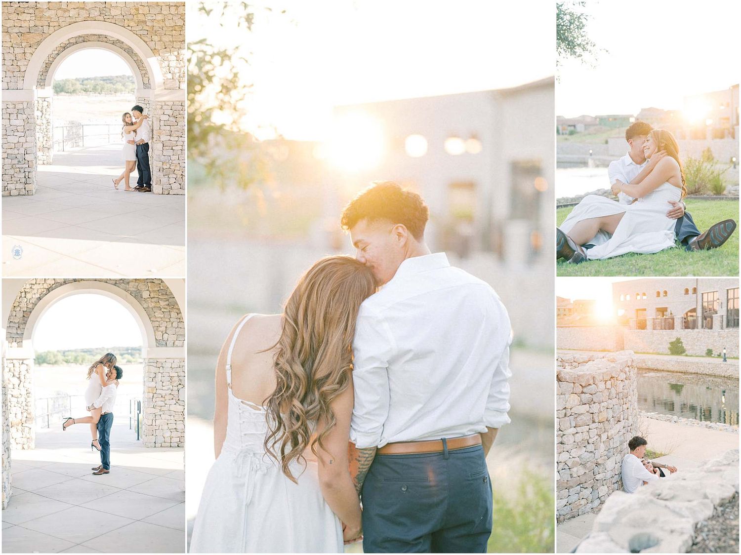 Romantic couple embracing at golden hour near stone arch, soft sunlight glowing behind them in an outdoor engagement session.