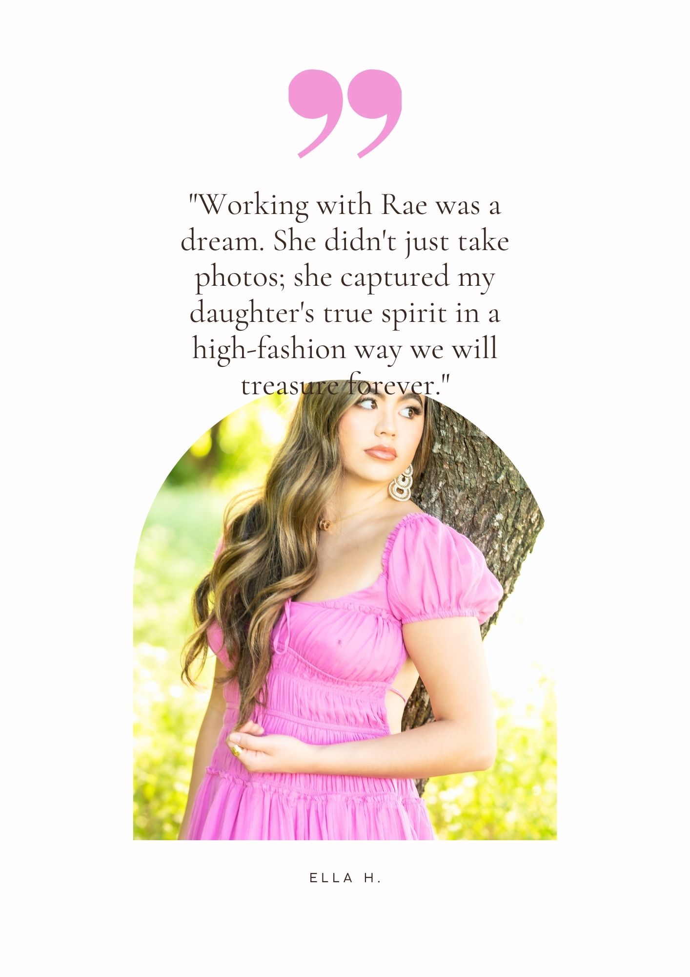 Teen girl in pink dress poses by tree in high-fashion senior portrait with glowing testimonial quote overlay.
