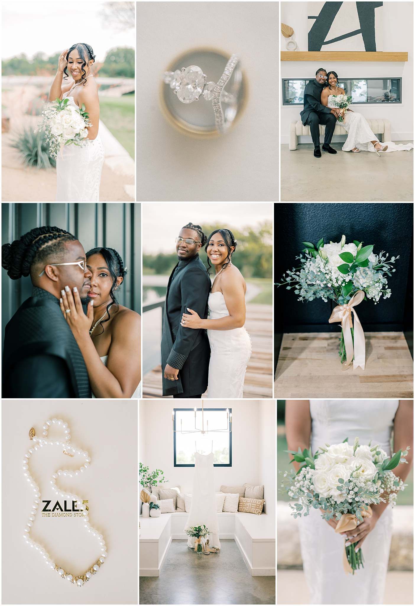 Elegant wedding photo collage featuring a Black couple in white and black attire, bridal bouquet, rings, and pearl jewelry details.