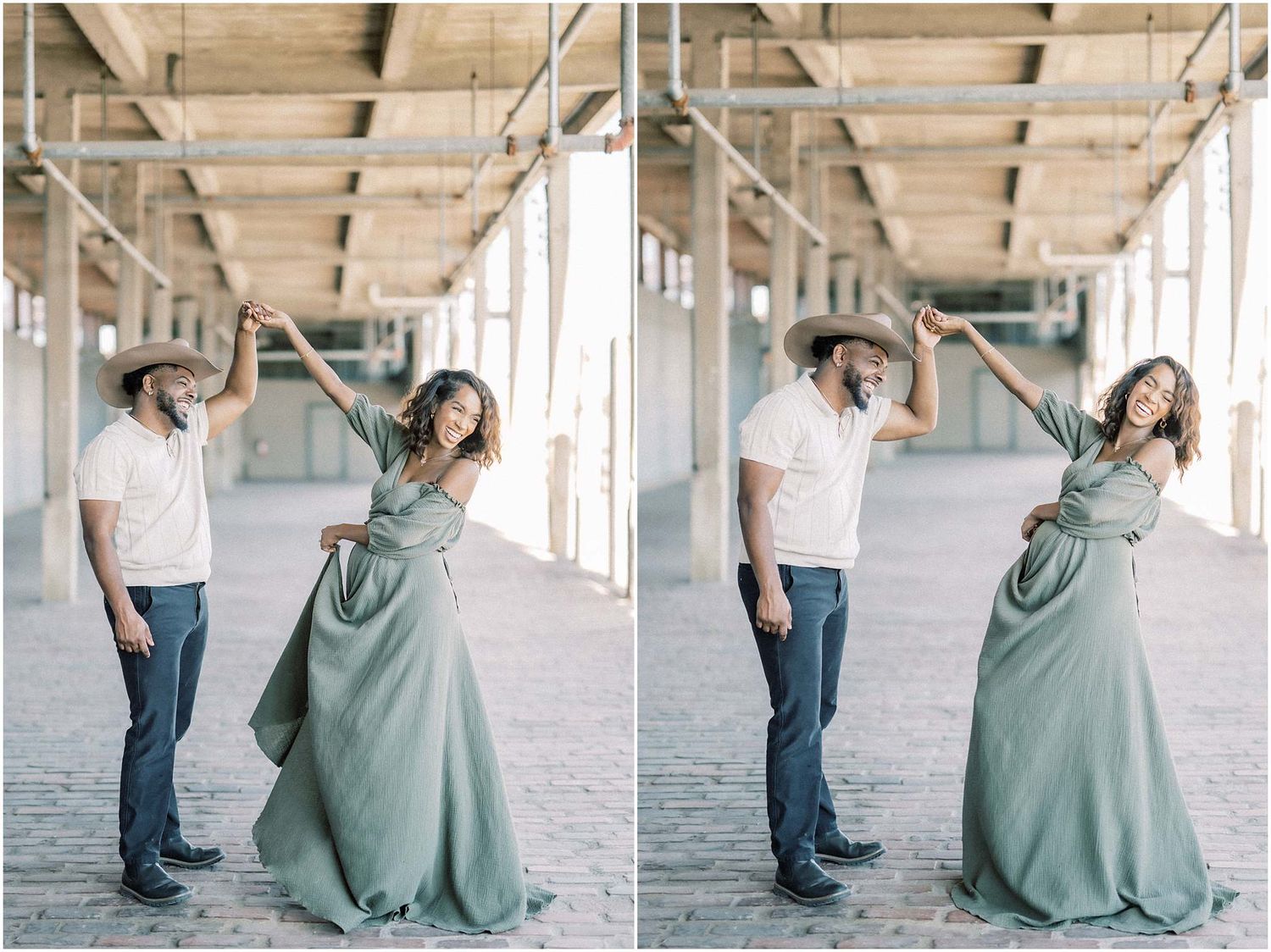 A series of romantic maternity photos in an industrial setting with natural lighting.