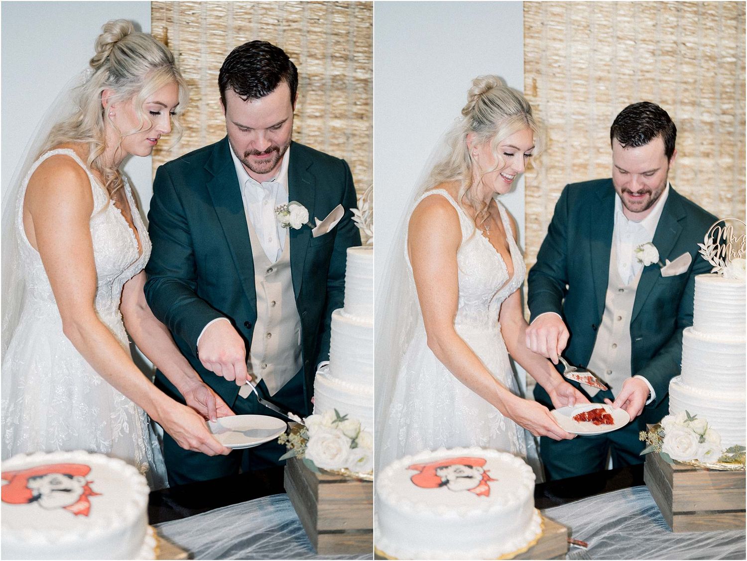 A couple shares a playful moment while cutting their wedding cake.