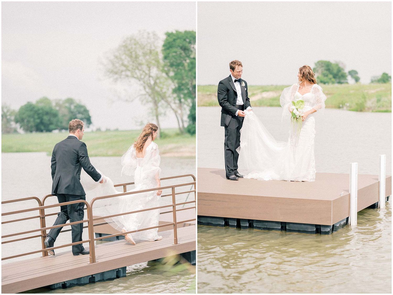 Newlyweds share romantic moments on a wooden dock by the water.