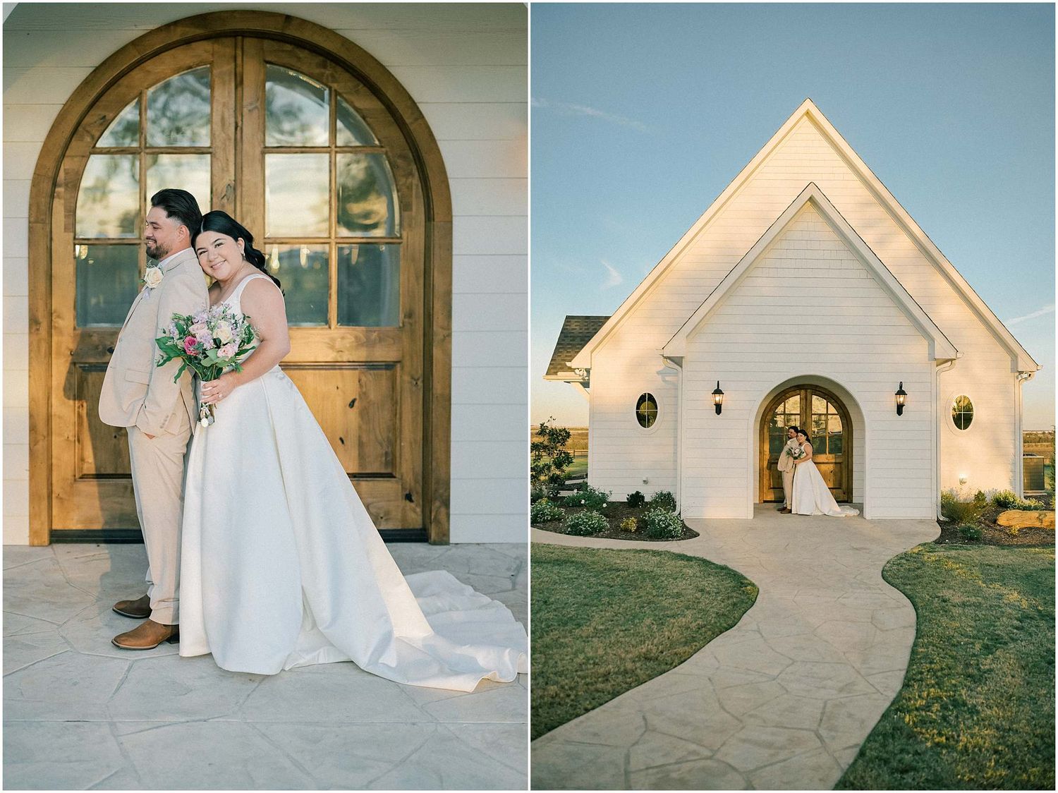 White chapel wedding venue with wooden doors and outdoor lighting at sunset.