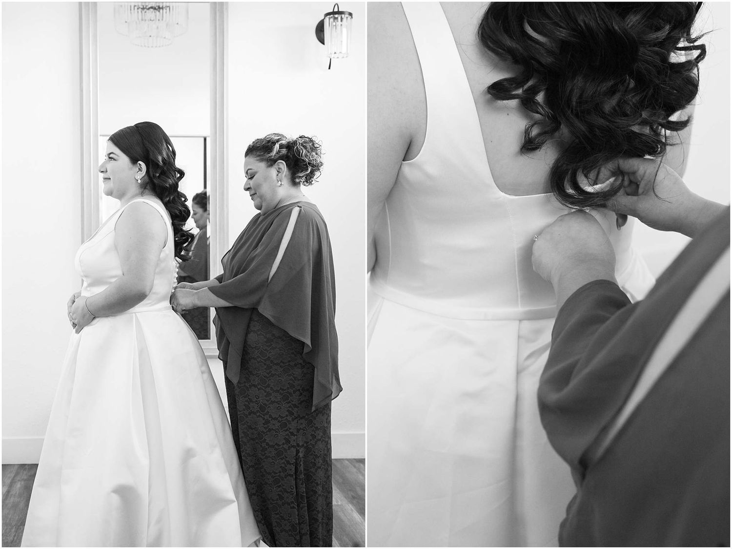 Series of black and white photographs showing wedding dress preparations and fittings.