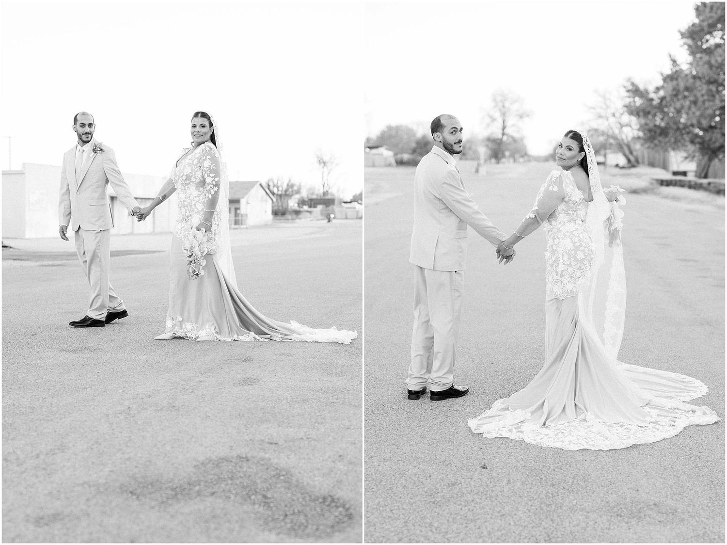 Black and white wedding photos showing couple in elegant poses across outdoor venue.