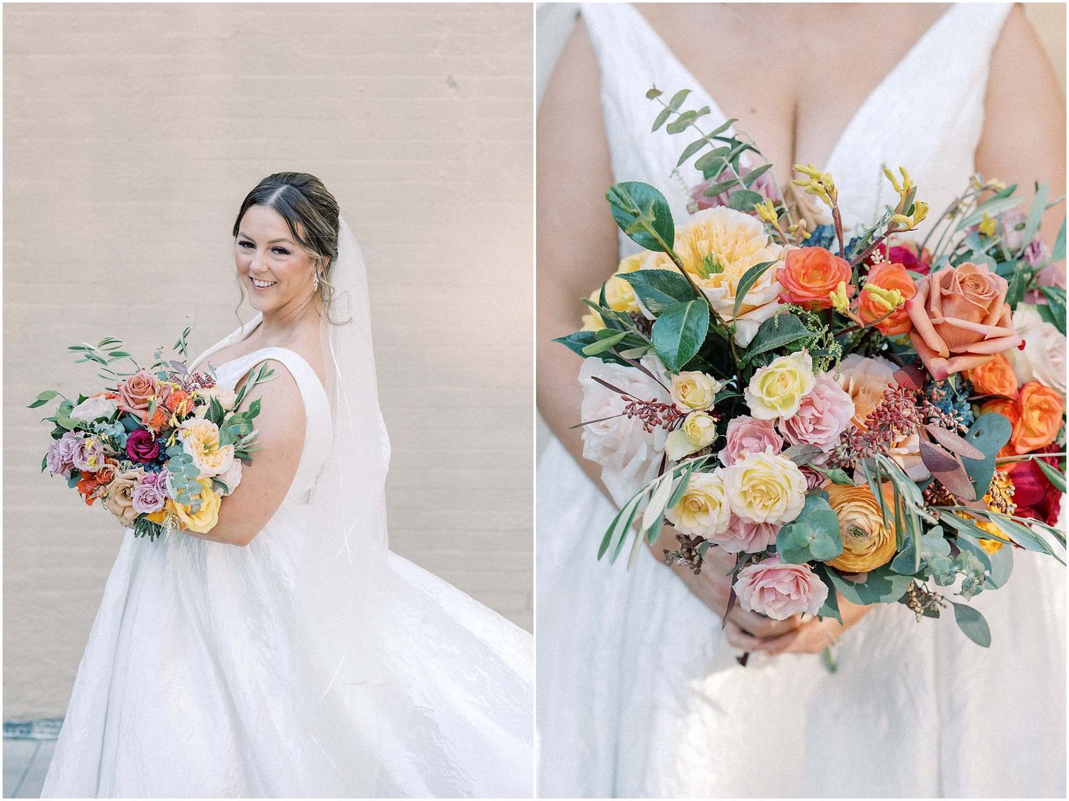 Elegant white wedding dress with vibrant coral and peach floral bouquet against neutral background.