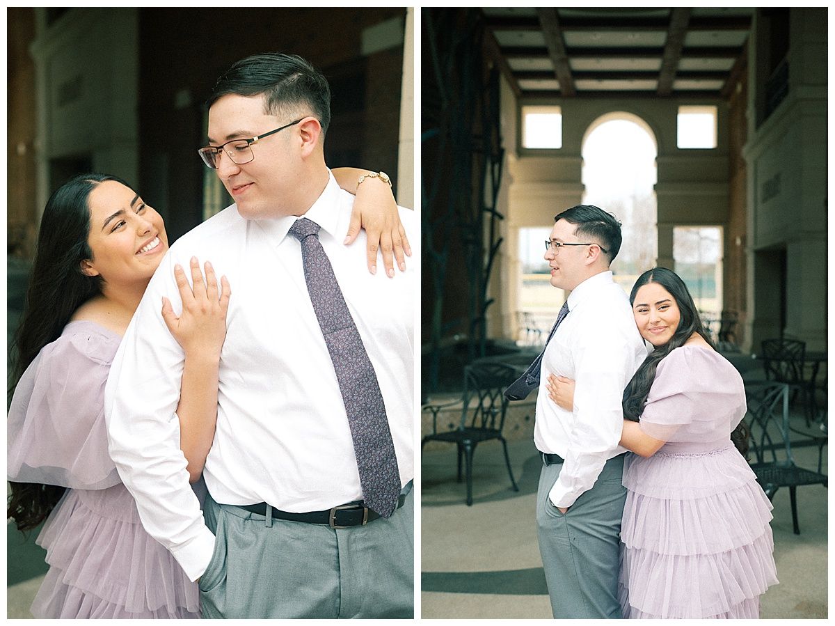 A couple shares intimate moments in formal attire against a light interior background.