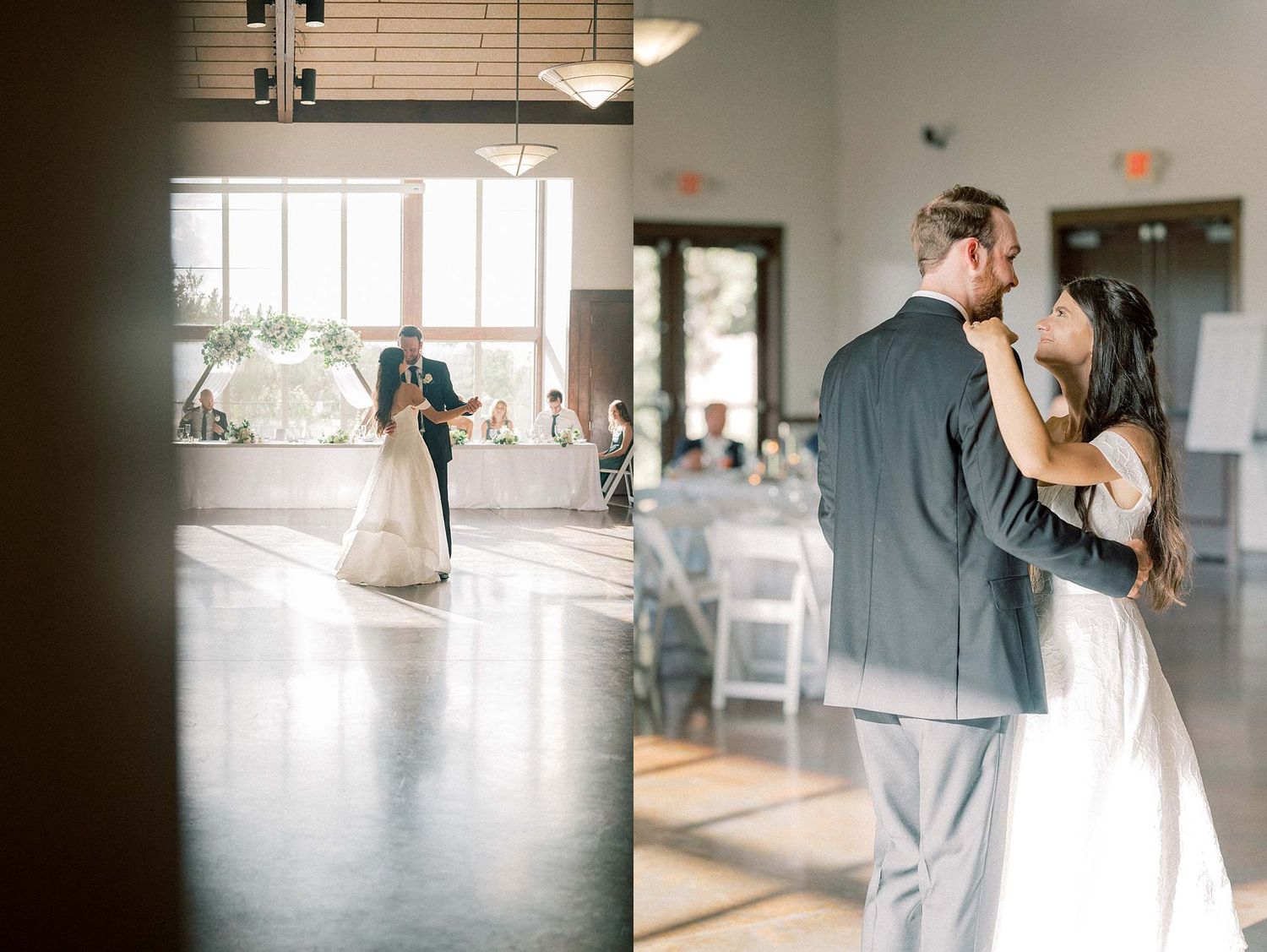 Wedding celebration in a spacious reception venue with natural light streaming through windows.