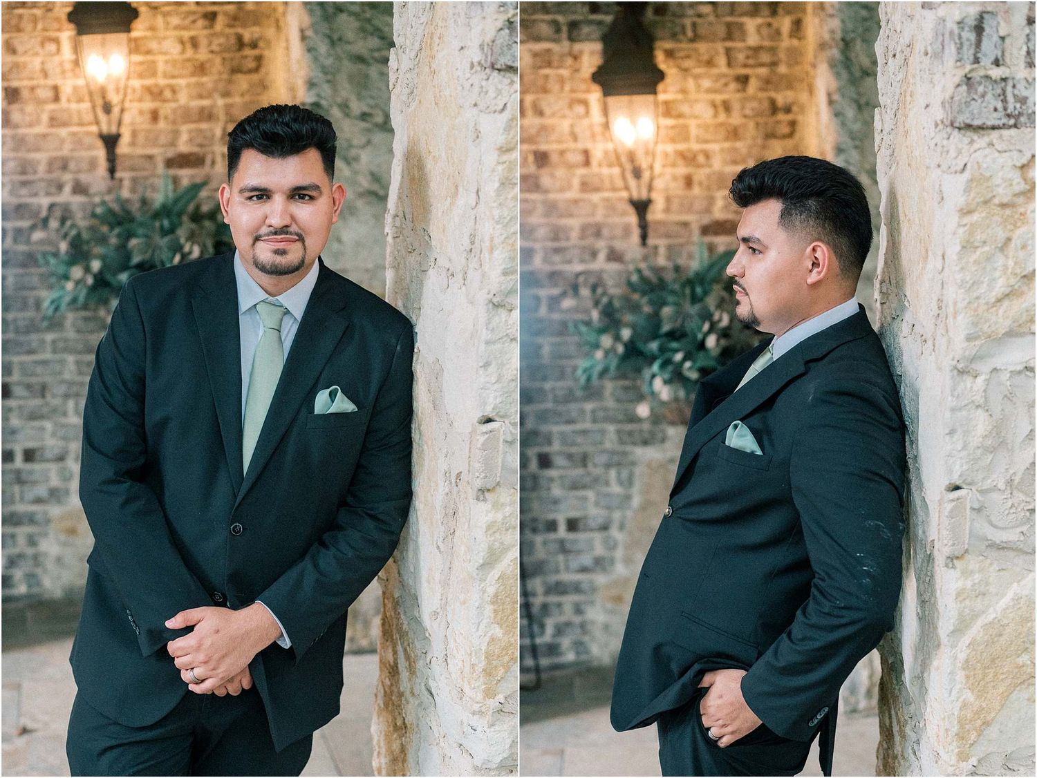 Multiple shots of a groom showing various expressions while posing against a brick wall.