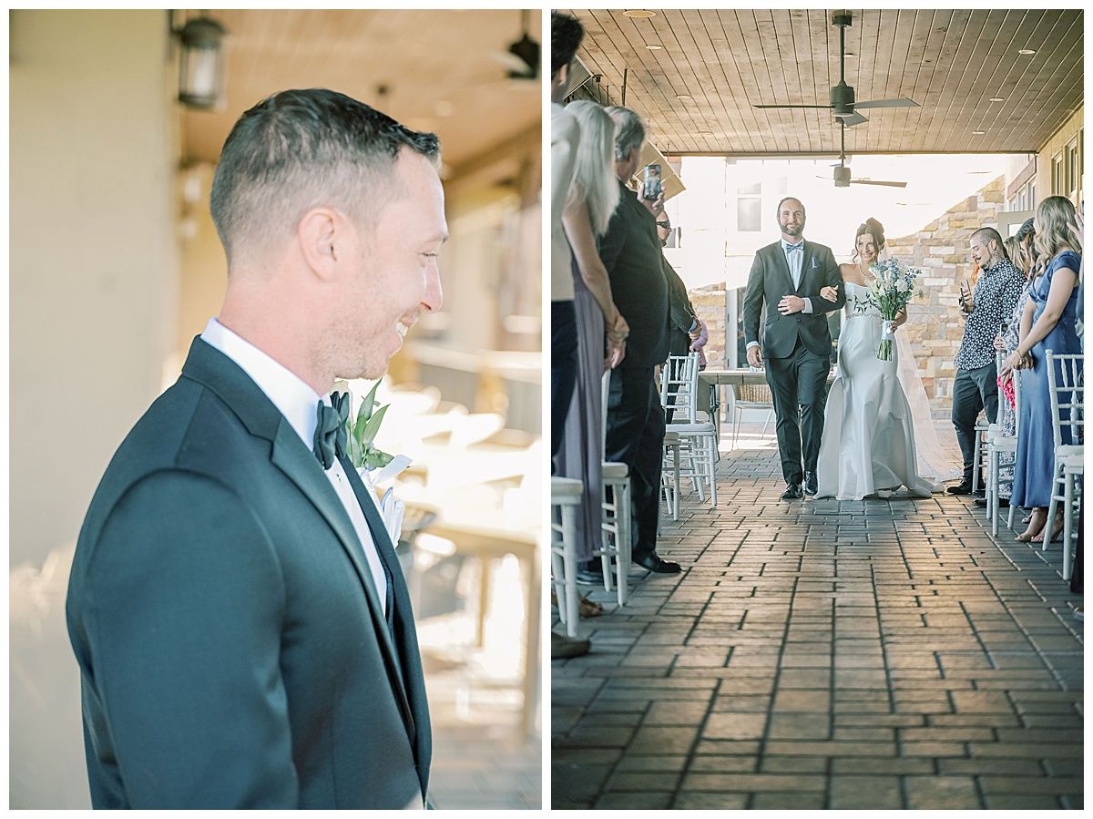 Wedding ceremony processional shots in an elegant stone-lined venue.