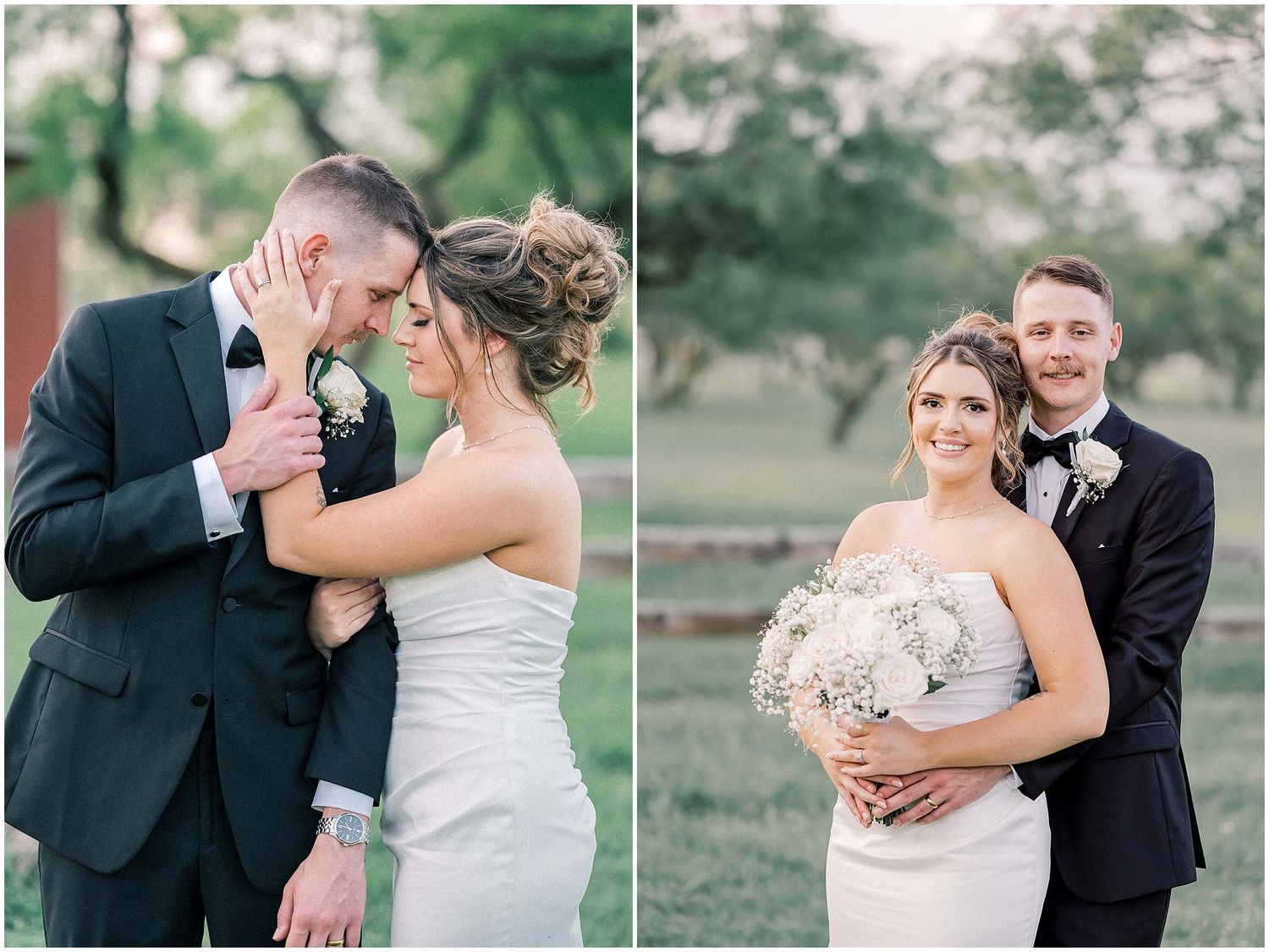 Romantic outdoor wedding photography session with couples posing against natural backdrops.