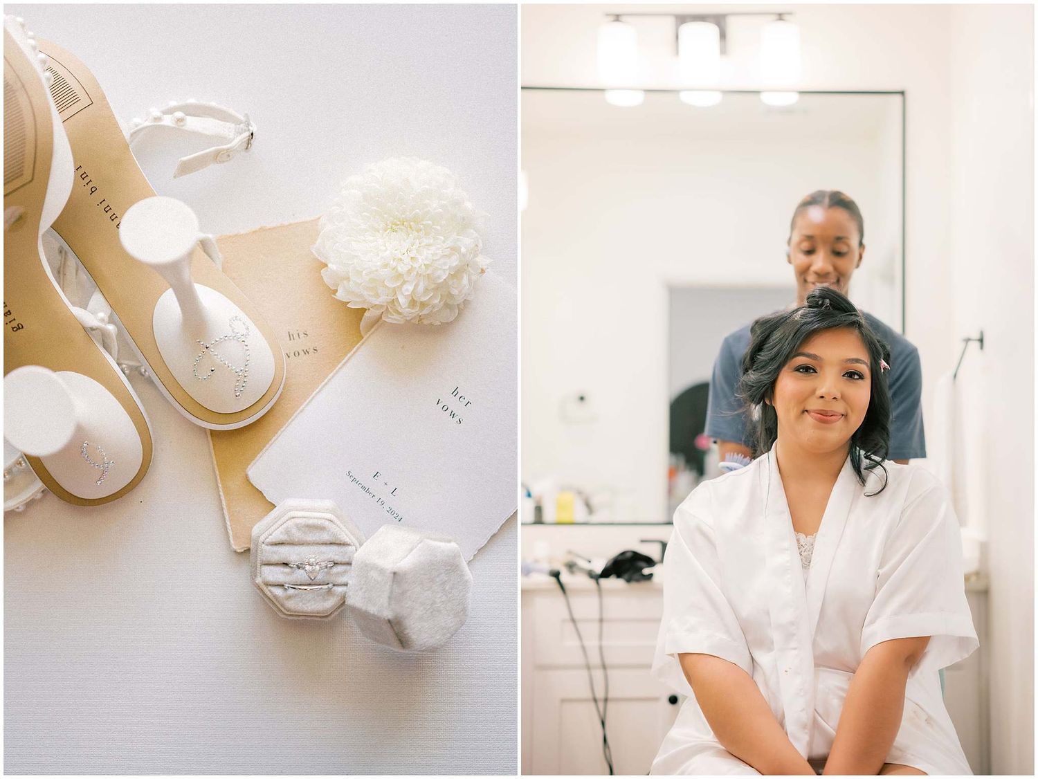 Wedding day preparation items including white robes and accessories in a bright room.