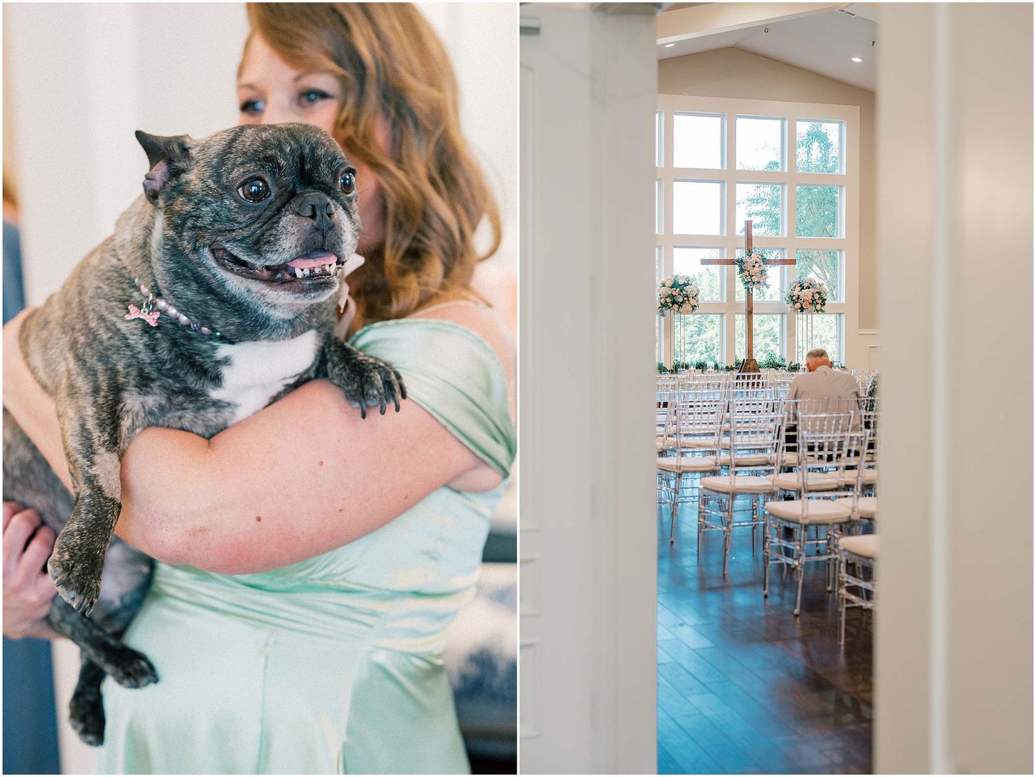 Interior wedding venue shots showing blue chairs and elegant white decor details.