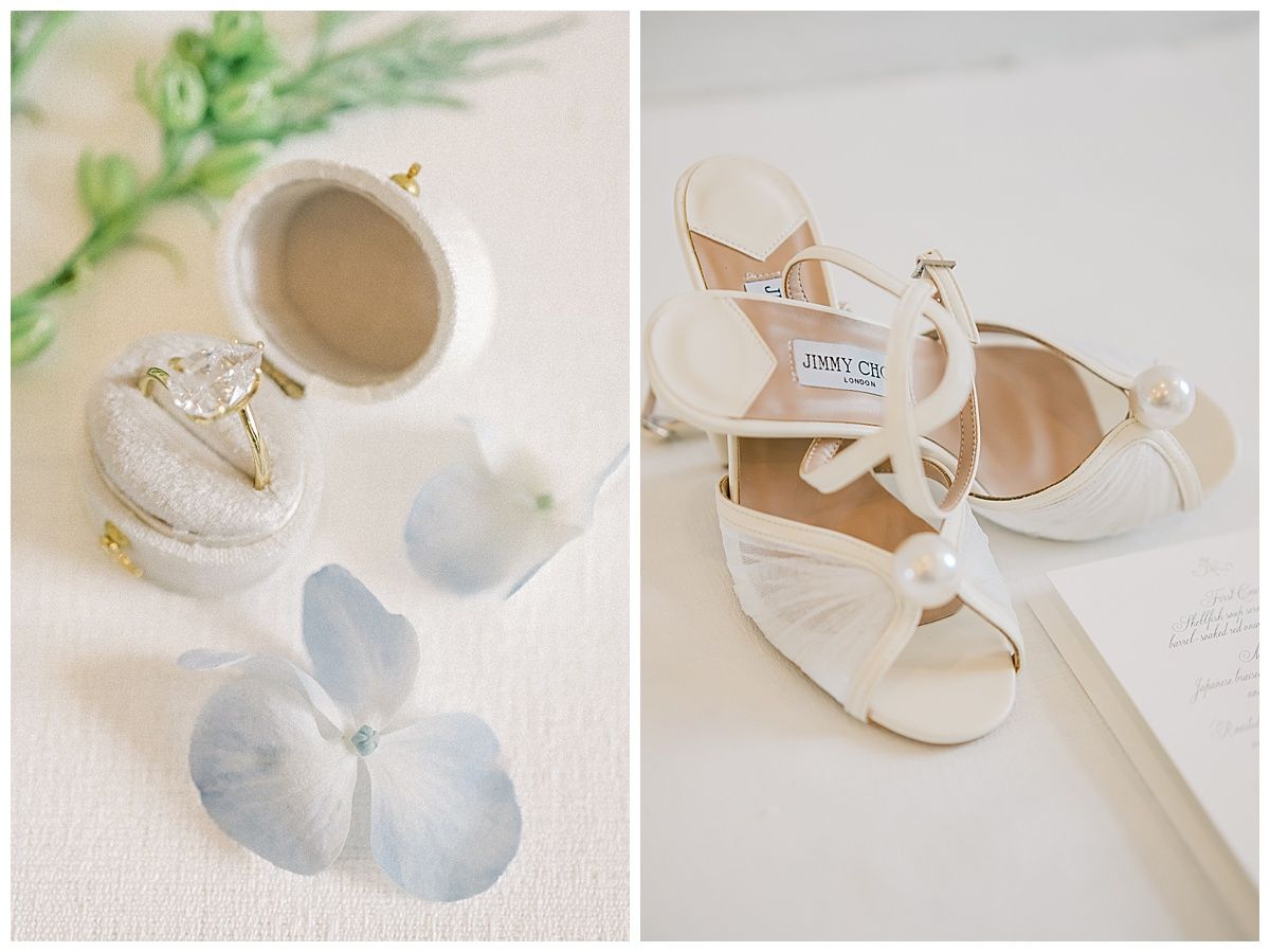 Elegant white bridal shoes with delicate straps and pearls arranged in a romantic flat lay composition with soft lighting.