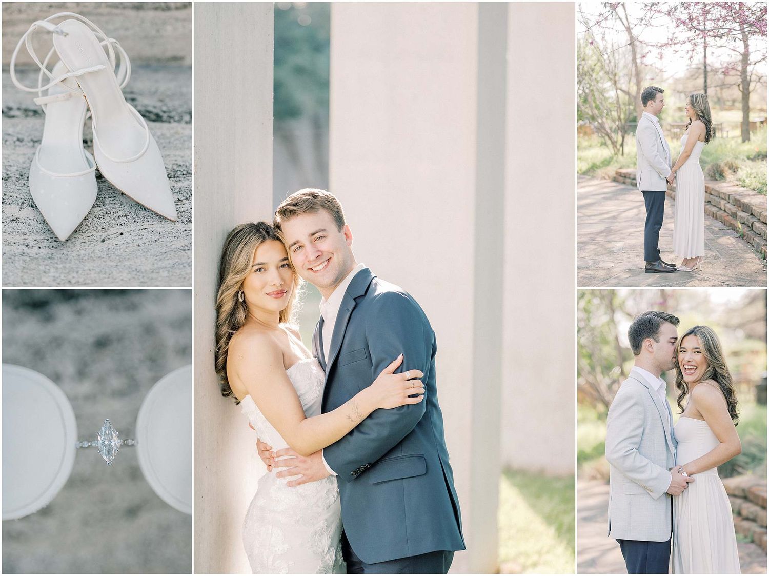 A romantic wedding photo collage showing couples embracing in outdoor settings with soft natural lighting.