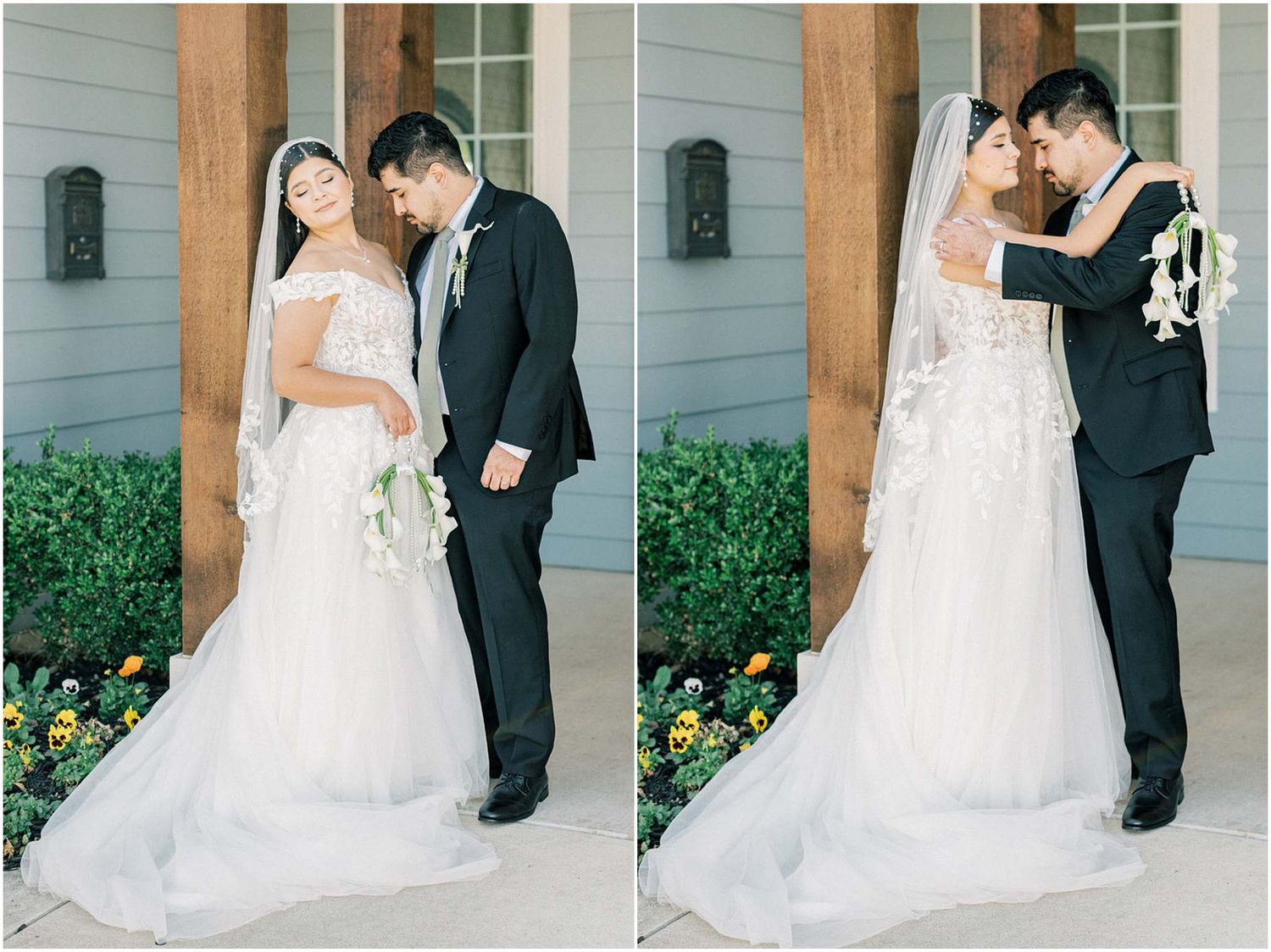 A romantic wedding photoshoot sequence showing a couple in formal attire sharing tender moments on a porch.