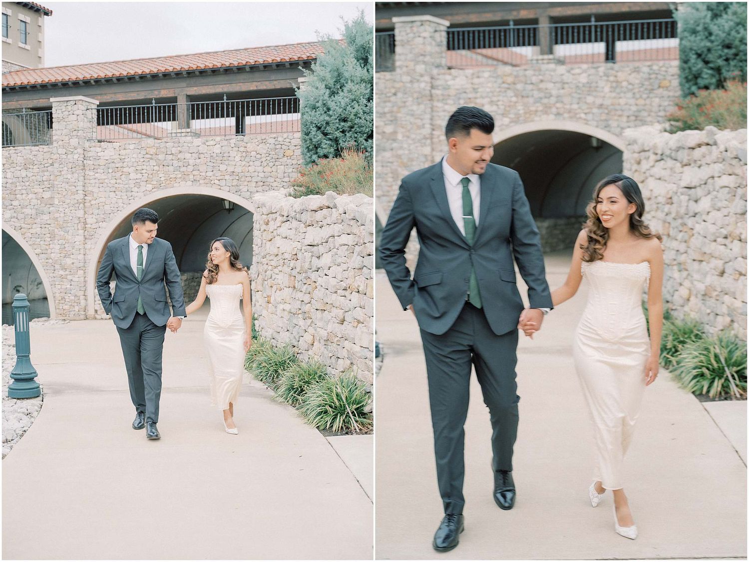 A series of candid moments captured at a stone archway venue during a wedding celebration.