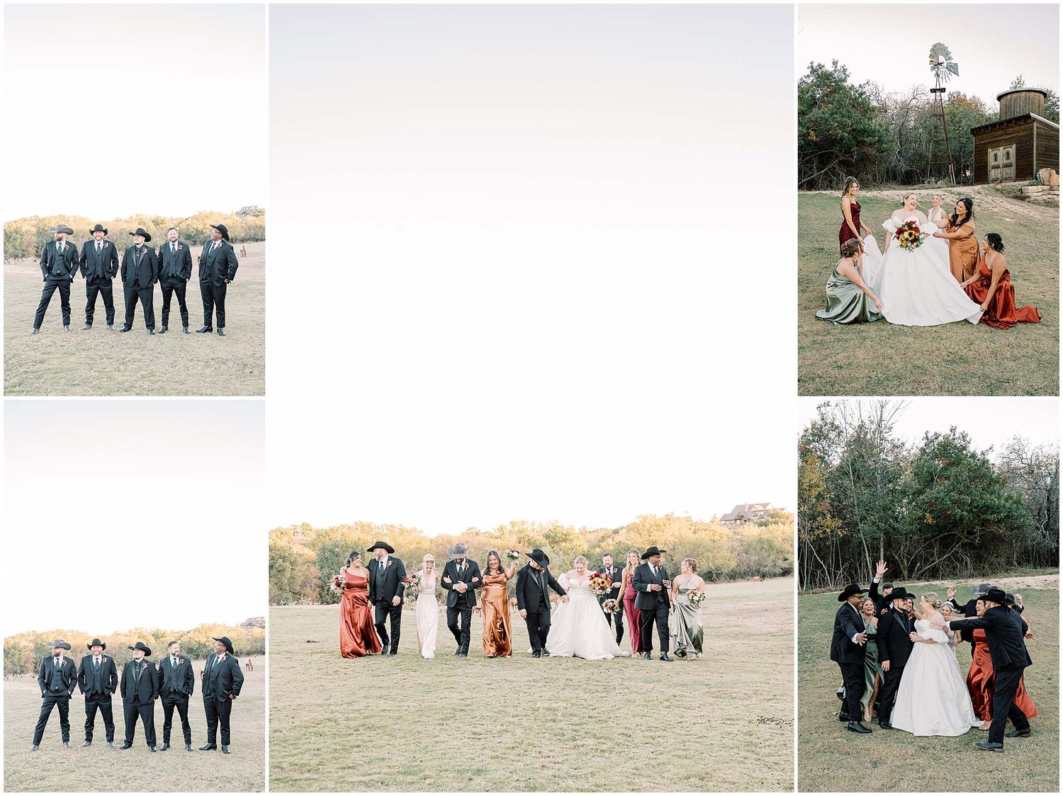 Wedding party members in formal attire pose together outdoors in a series of candid and formal group photos.