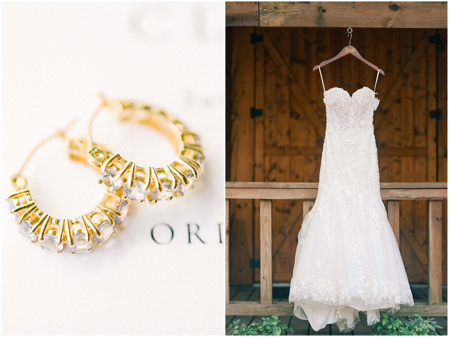 A collection of wedding detail photos showing white bridal gowns, gold jewelry, and rustic wooden backgrounds.