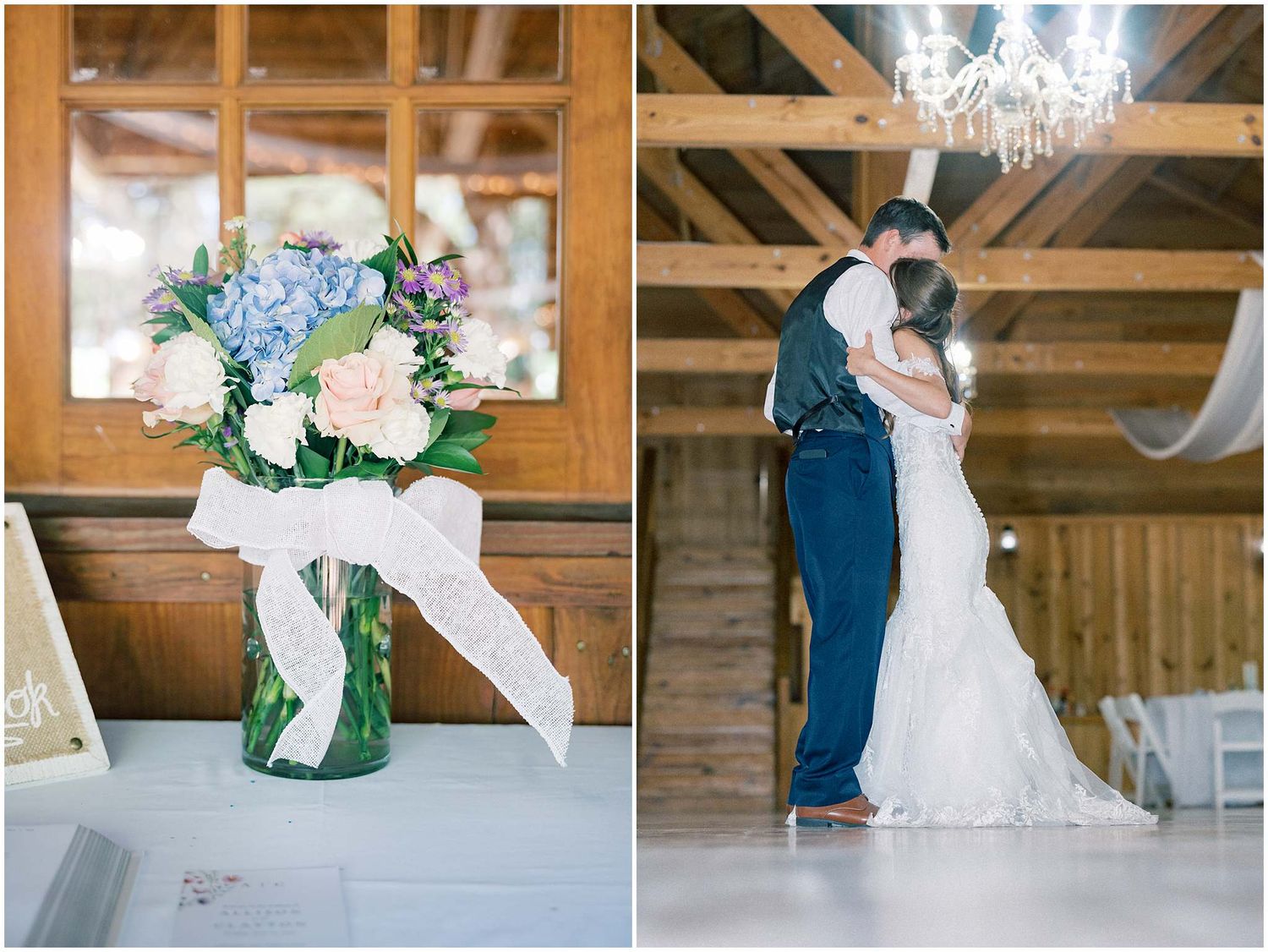 A rustic barn wedding scene featuring a floral centerpiece in a mason jar and a couple dancing under a crystal chandelier.